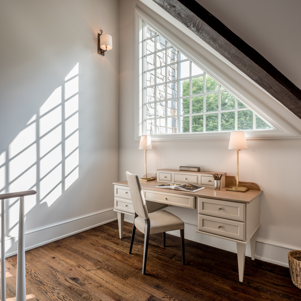 Design ideas for a farmhouse study in Philadelphia with white walls, medium hardwood flooring and a freestanding desk.