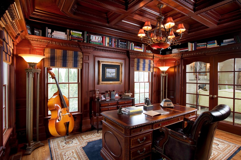 Inspiration for a classic home office in New York with medium hardwood flooring and a freestanding desk.