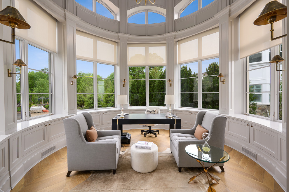 Inspiration for a transitional medium tone wood floor and brown floor sunroom remodel in Chicago