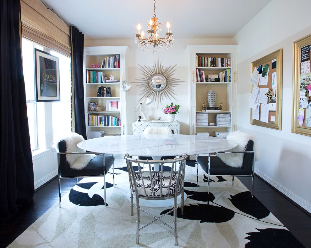 Example of a mid-sized transitional freestanding desk dark wood floor study room design in Houston with multicolored walls and no fireplace