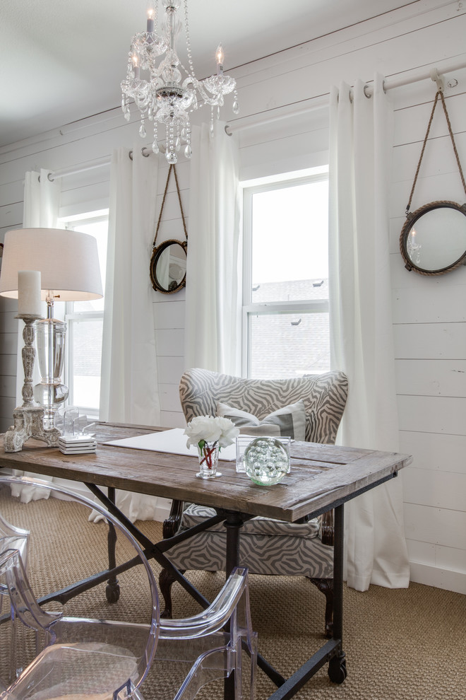 Example of a small cottage chic freestanding desk carpeted home office design in Atlanta with white walls