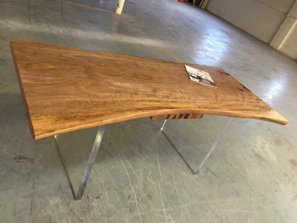 Lucite leg mango wood slab with raw edge and drawer desk. Contemporary Home Office