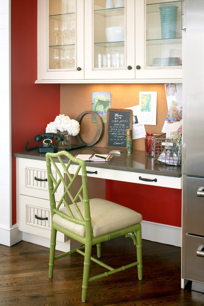 Example of a large beach style medium tone wood floor home office design in Boston