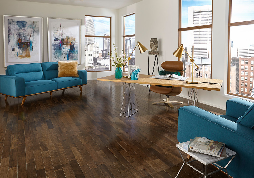Design ideas for a classic home office in Other with dark hardwood flooring and brown floors.