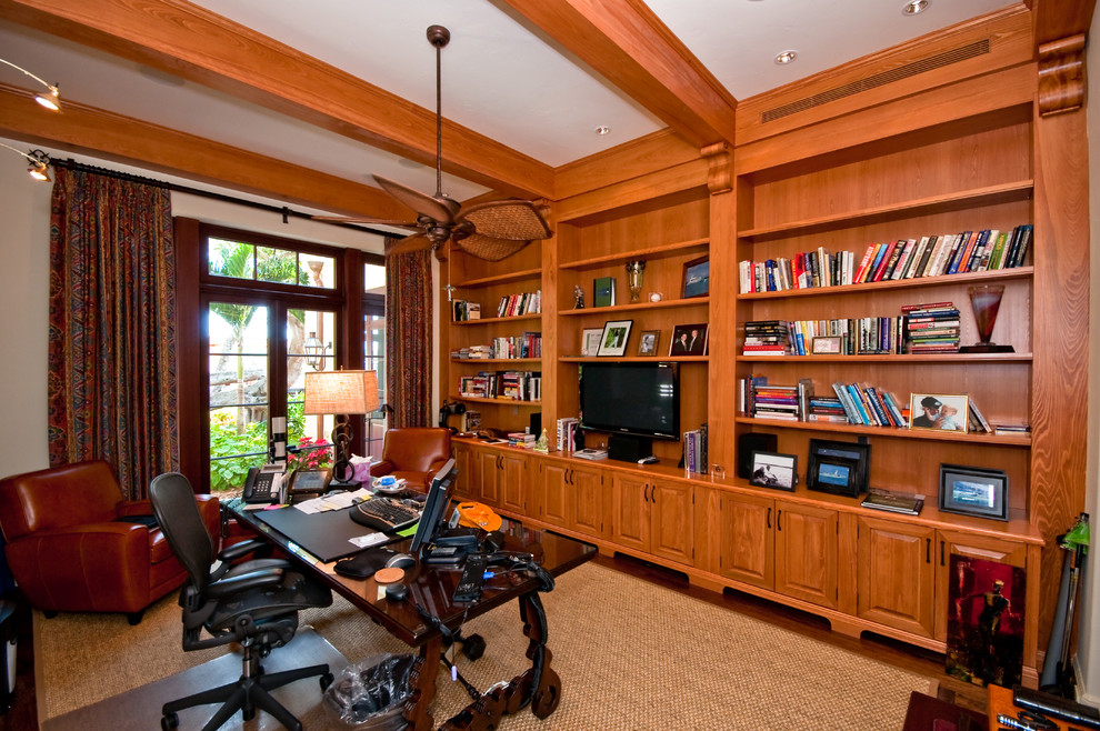 Study room - large traditional freestanding desk dark wood floor study room idea in Miami with white walls and no fireplace