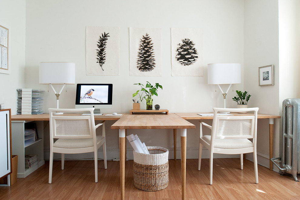 Study room - mid-sized transitional freestanding desk medium tone wood floor and beige floor study room idea in Philadelphia with white walls