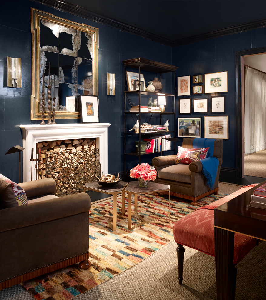 Design ideas for an eclectic study in Chicago with blue walls, carpet, a standard fireplace and a freestanding desk.