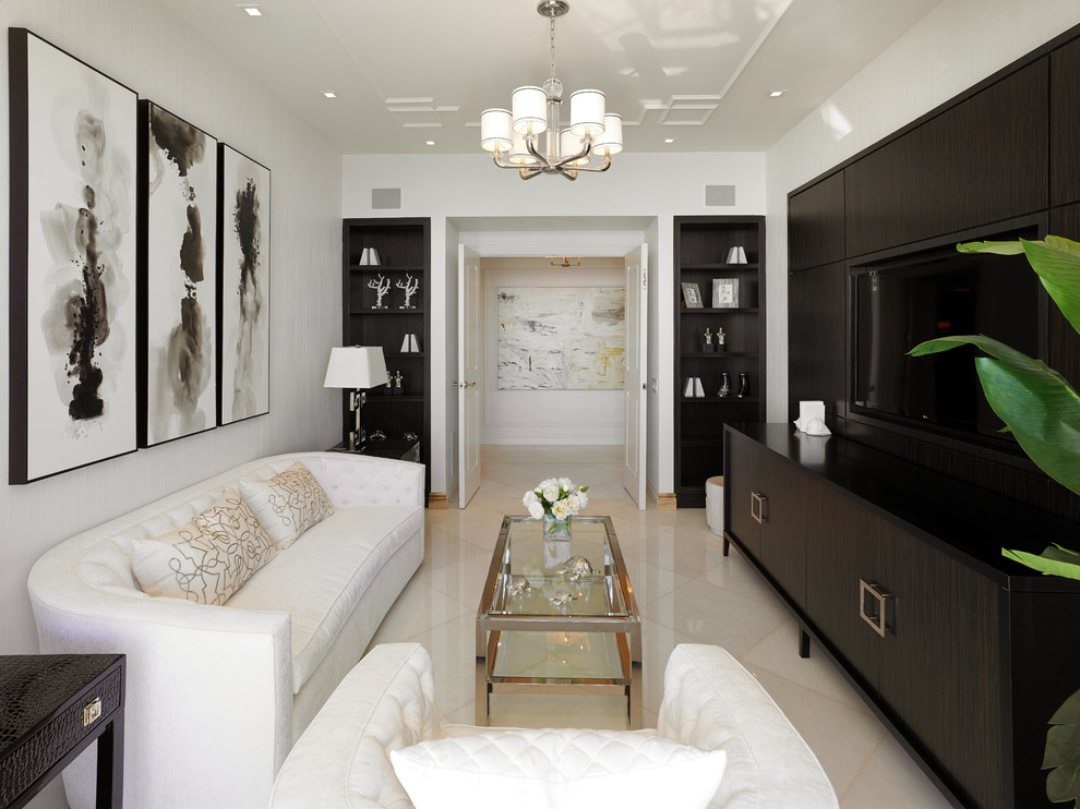 Example of a large transitional marble floor home office design in Miami with white walls