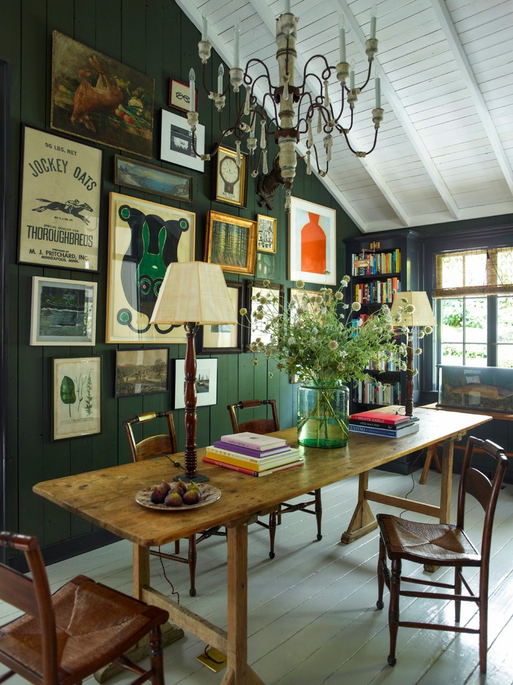 Mid-sized eclectic freestanding desk painted wood floor study room photo in San Francisco with green walls