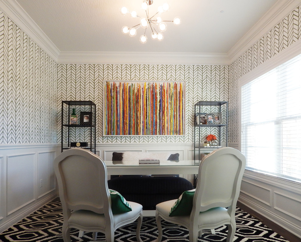 Mid-sized transitional freestanding desk study room photo in Columbus with multicolored walls