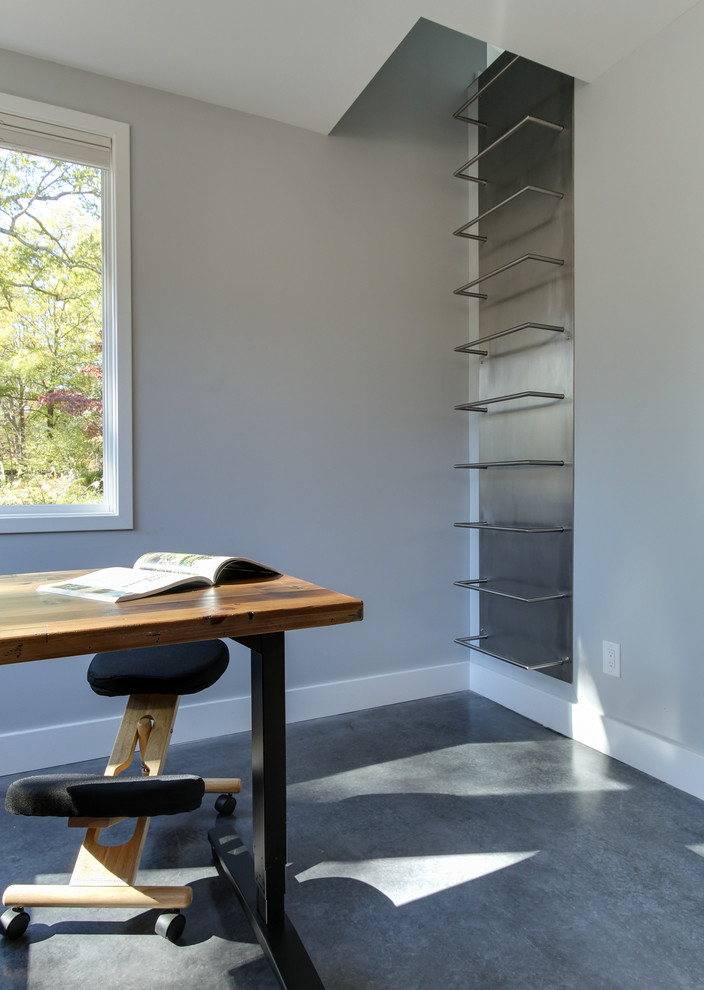 Идея дизайна: кабинет среднего размера в стиле модернизм с серыми стенами, бетонным полом и отдельно стоящим рабочим столом