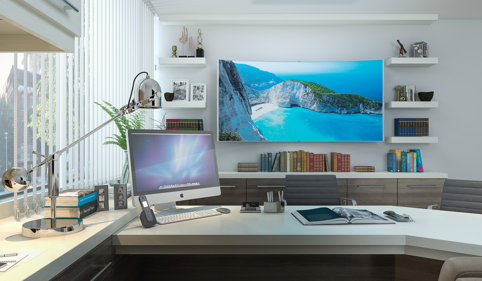 Immagine di un grande studio moderno con pareti bianche, scrivania incassata, pavimento in legno massello medio e pavimento marrone