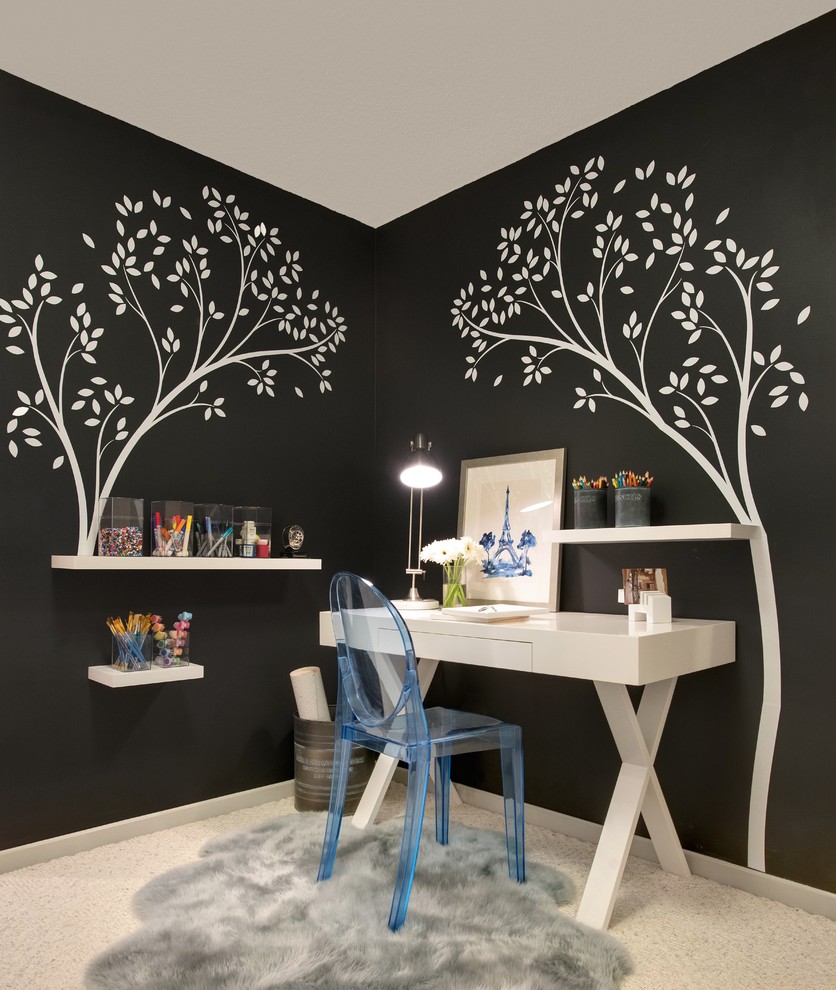 Inspiration for a mid-sized transitional freestanding desk carpeted and beige floor study room remodel in Minneapolis with black walls and no fireplace