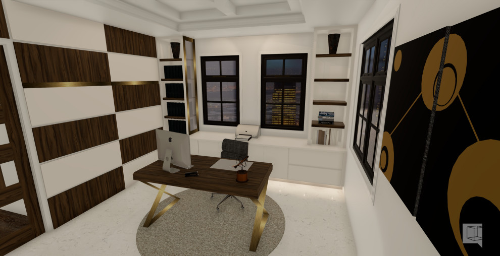 Photo of a medium sized modern home office in Other with white walls, marble flooring, a standard fireplace, a stone fireplace surround, a freestanding desk and white floors.