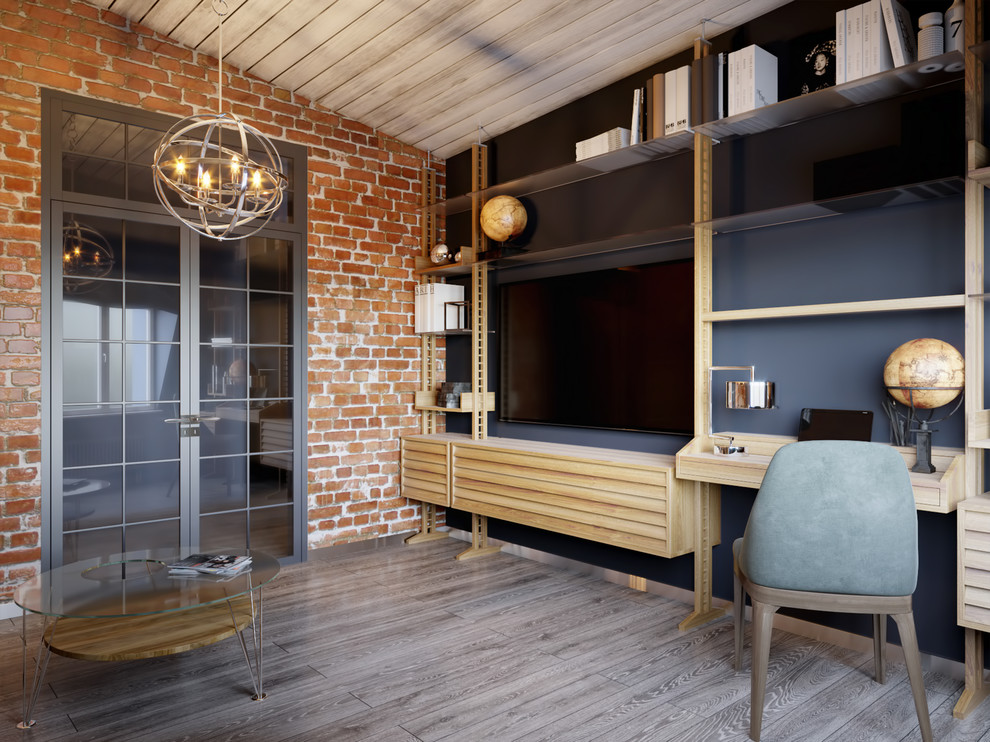 Идея дизайна: рабочее место среднего размера в скандинавском стиле с синими стенами, светлым паркетным полом, встроенным рабочим столом и разноцветным полом