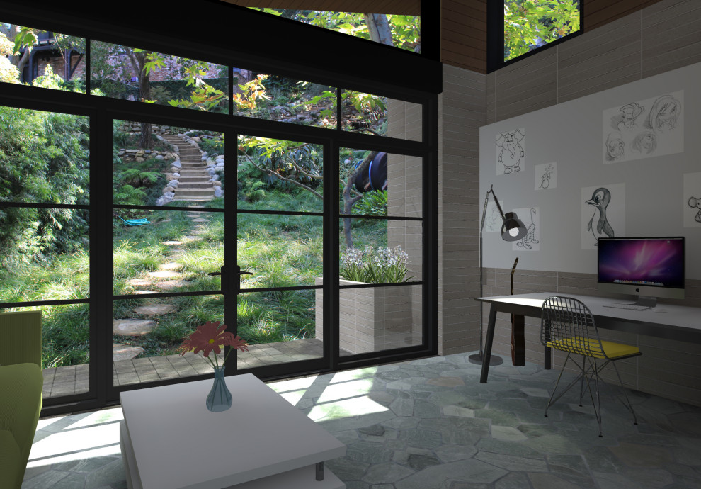 Idéer för små industriella hemmastudior, med flerfärgade väggar, skiffergolv, ett fristående skrivbord och grått golv