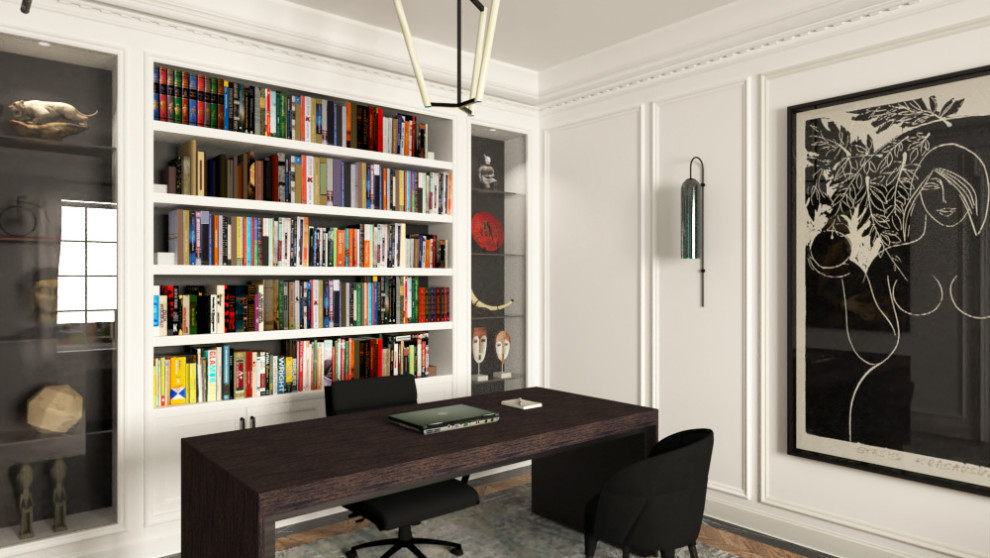 Cette image montre un bureau design de taille moyenne avec une bibliothèque ou un coin lecture, un mur blanc, un sol en bois brun, un bureau indépendant, un sol marron et du lambris.