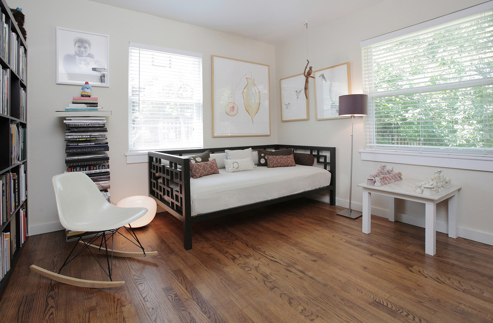 Example of a transitional dark wood floor home office design in Dallas with white walls