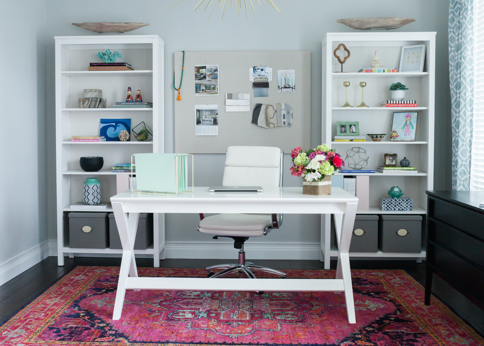Inspiration for a mid-sized eclectic freestanding desk dark wood floor and brown floor home studio remodel in Other with gray walls and no fireplace