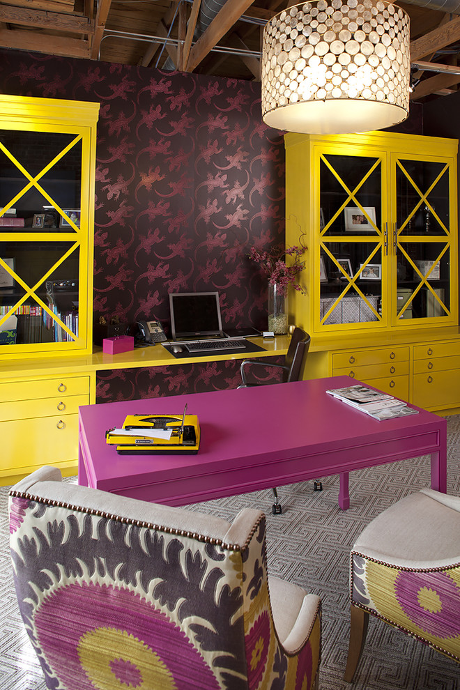 Trendy freestanding desk carpeted and beige floor home office photo in San Francisco