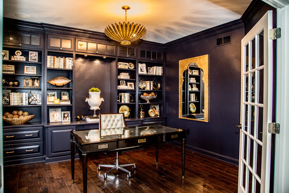 Inspiration for a mid-sized timeless freestanding desk dark wood floor study room remodel in Philadelphia with blue walls and no fireplace