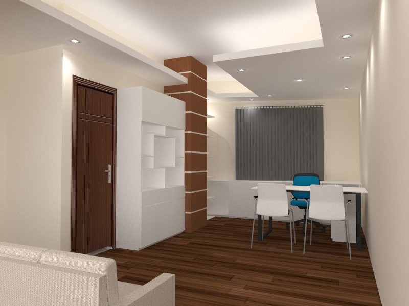Idée de décoration pour un grand bureau atelier asiatique avec un mur blanc, un sol en contreplaqué, une cheminée d'angle, un manteau de cheminée en métal, un bureau intégré et un sol marron.