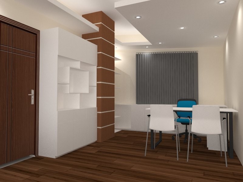 Aménagement d'un grand bureau atelier asiatique avec un mur blanc, un sol en contreplaqué, une cheminée d'angle, un manteau de cheminée en métal, un bureau intégré et un sol marron.