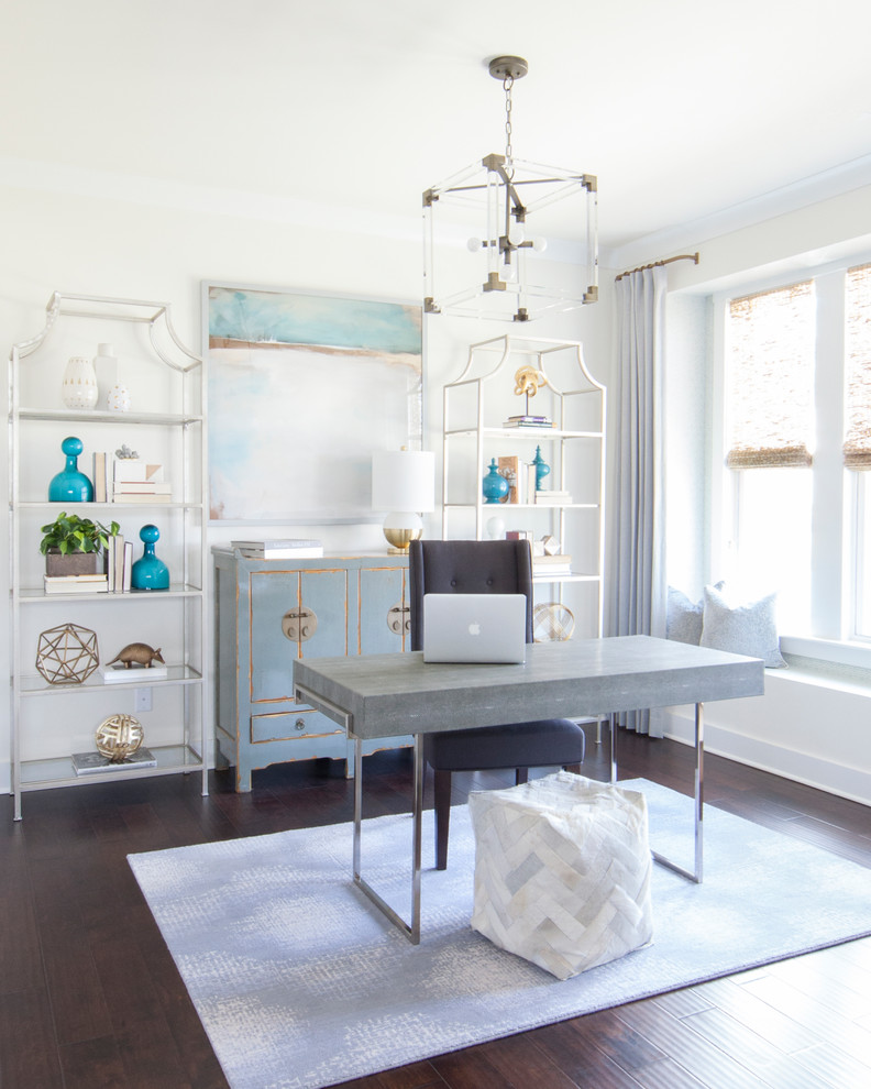 Photo of a beach style study in Charlotte with white walls, dark hardwood flooring, no fireplace and a freestanding desk.