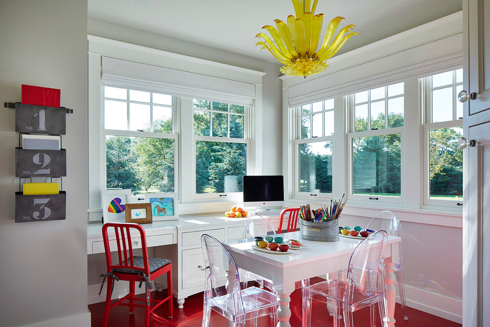 Inspiration for a transitional built-in desk red floor and painted wood floor craft room remodel in Minneapolis with gray walls