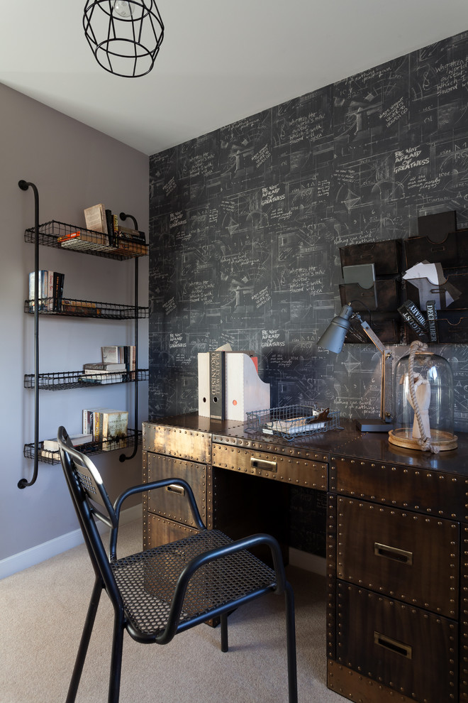 Inspiration for a mid-sized contemporary freestanding desk carpeted study room remodel in Gloucestershire with multicolored walls