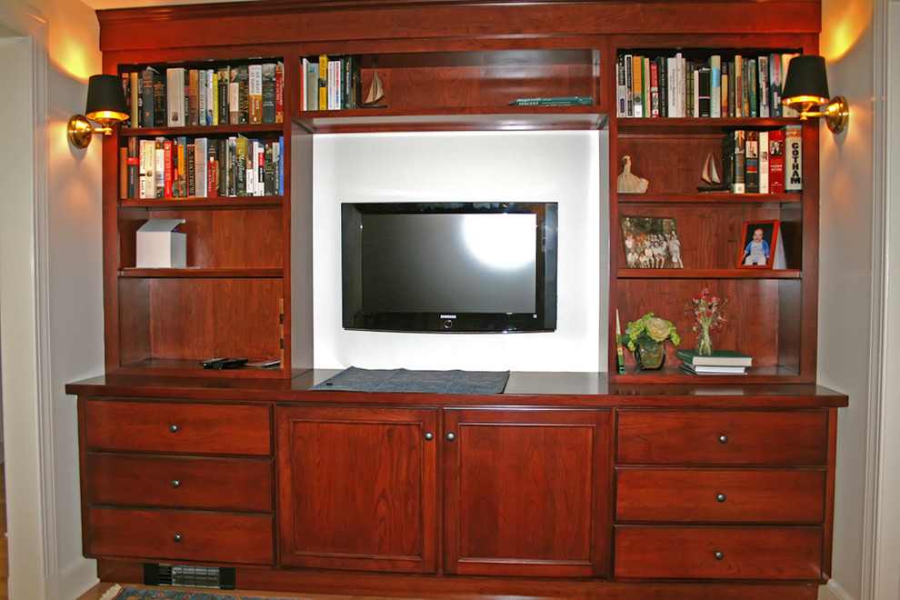 Medium sized classic home office in Bridgeport with white walls and light hardwood flooring.