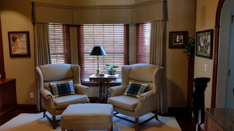 Office/Den Bay Window with Box Pleat Valance and Stationary Panels