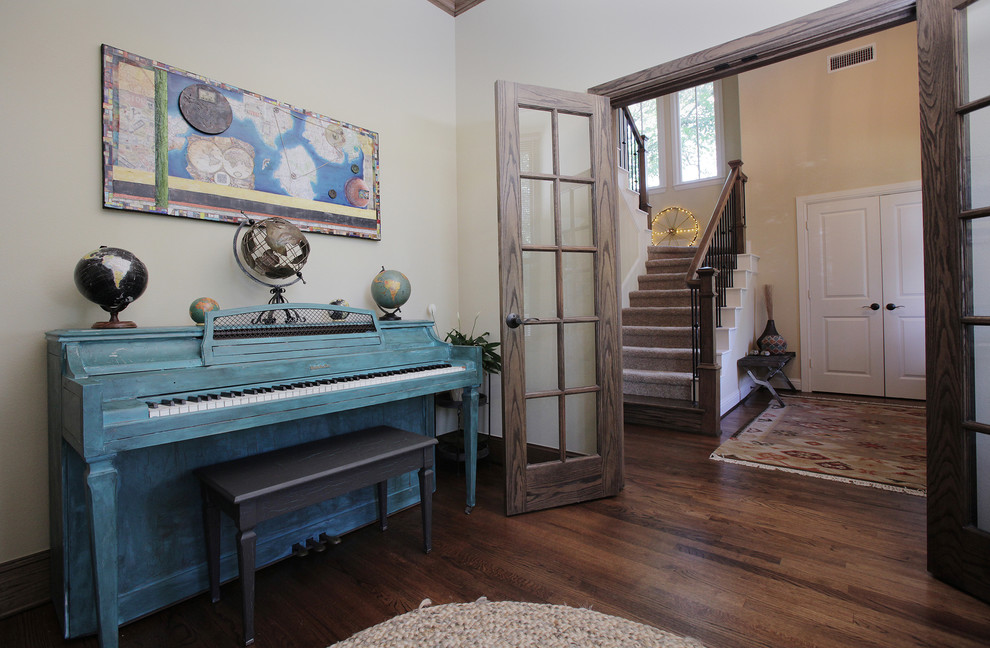 Example of a cottage dark wood floor home office design in Dallas with white walls