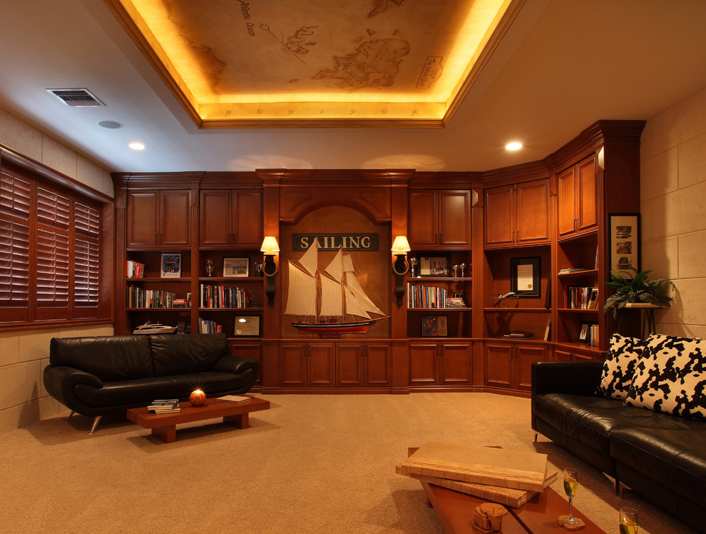 Inspiration for a large mediterranean carpeted home office remodel in Miami with beige walls and no fireplace