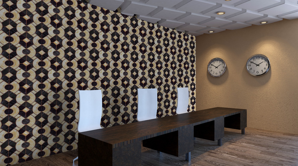 Imagen de despacho minimalista de tamaño medio con paredes marrones, suelo de contrachapado, escritorio independiente y suelo marrón