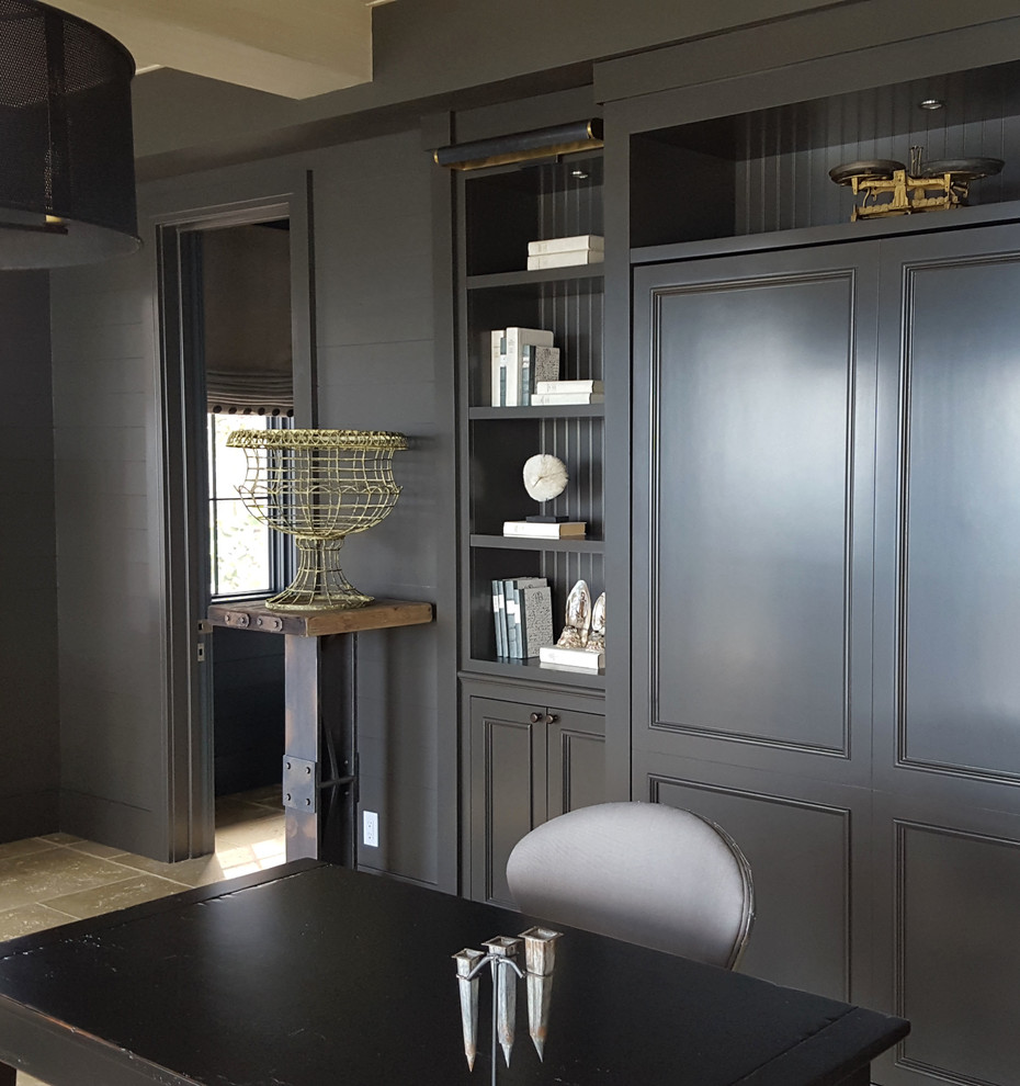 Example of a mid-sized transitional freestanding desk porcelain tile study room design in Miami with gray walls