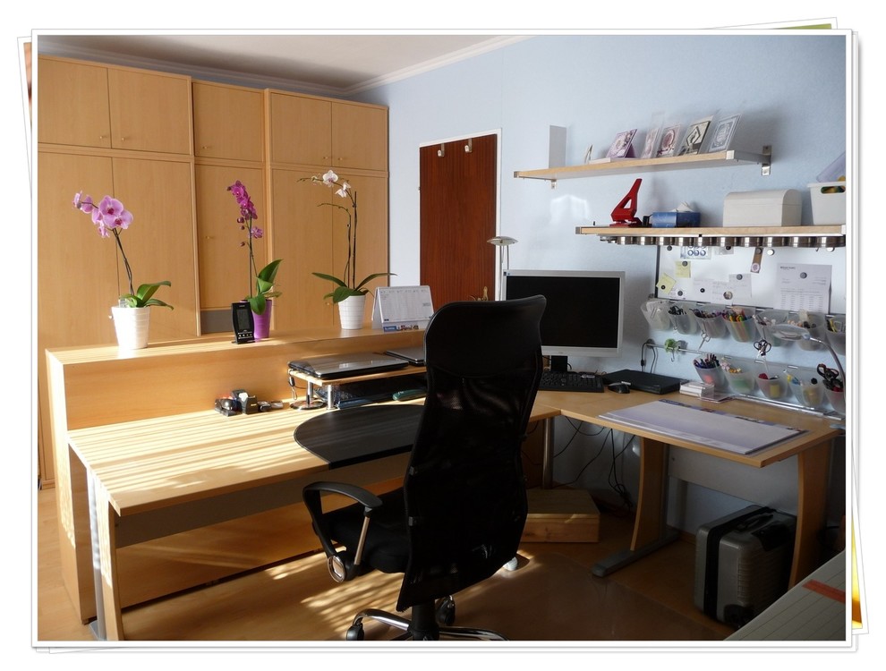 Example of a mid-sized trendy freestanding desk light wood floor craft room design in San Francisco with blue walls
