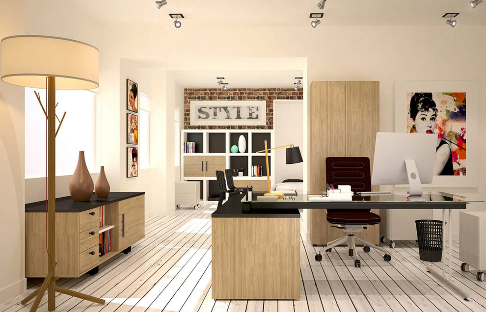 Design ideas for a large classic home office in Los Angeles with white walls, a ribbon fireplace and a freestanding desk.