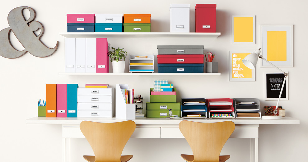 Example of a large trendy study room design in Other with white walls