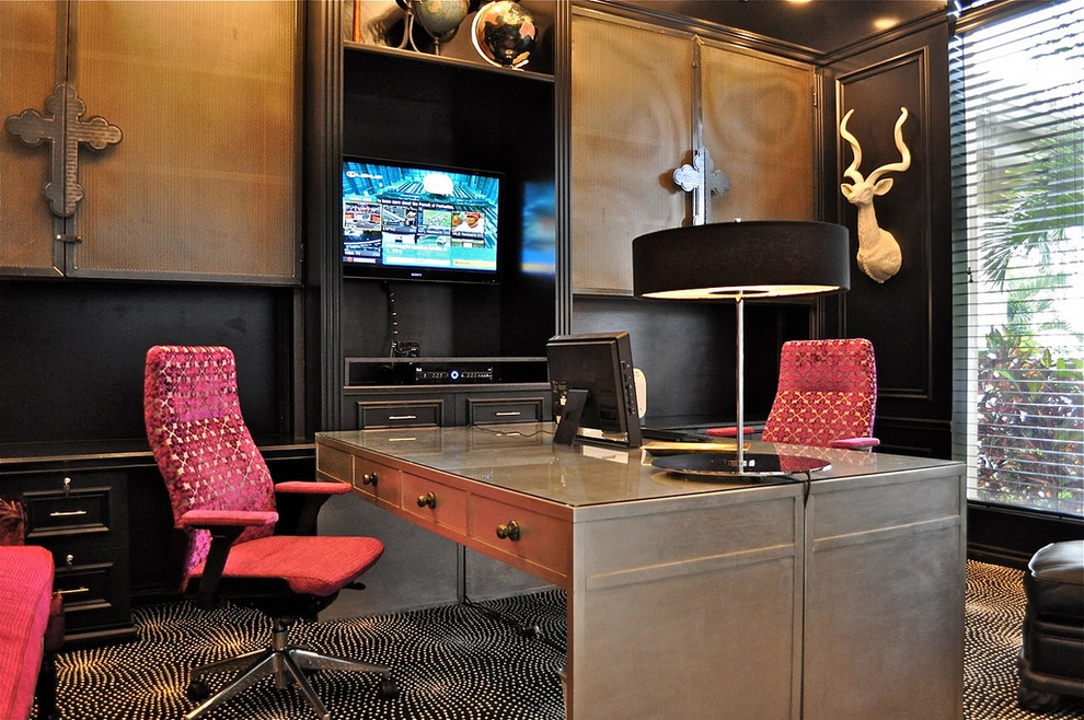 Photo of a contemporary home office in Kansas City with black walls, carpet and a freestanding desk.