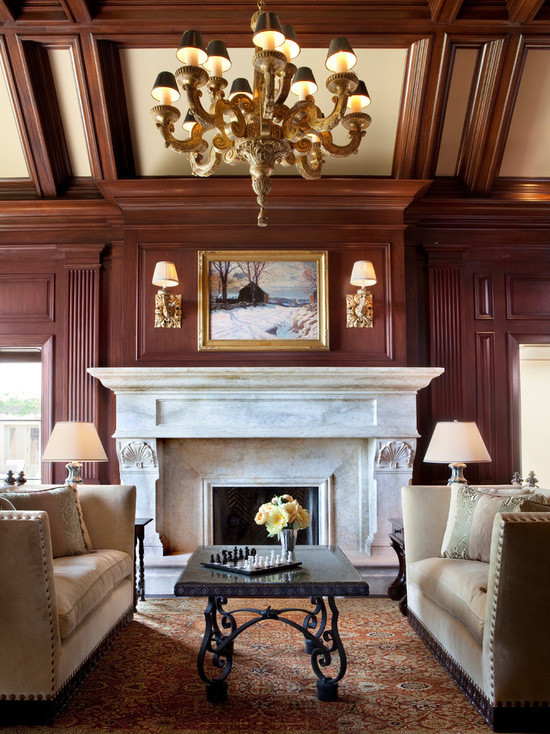 Inspiration for a large timeless freestanding desk marble floor study room remodel in San Francisco with brown walls, a standard fireplace and a stone fireplace