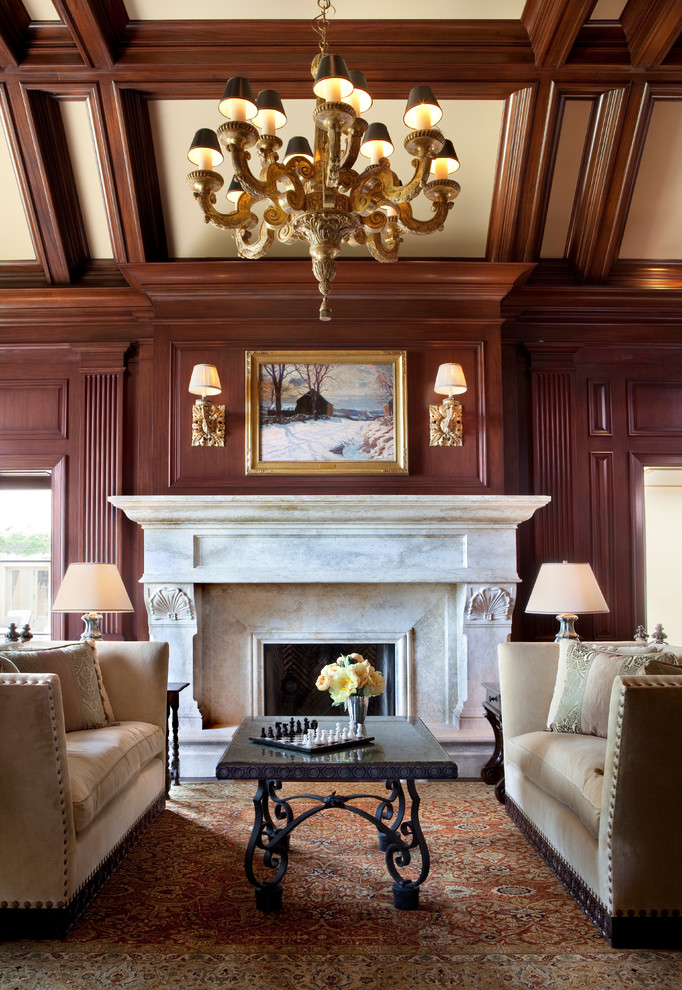 Example of a large classic freestanding desk study room design in San Francisco with brown walls, a standard fireplace and a stone fireplace