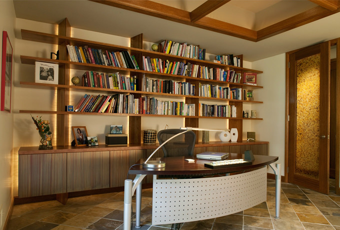 Inspiration for a large contemporary home office in Phoenix with a reading nook, white walls, ceramic flooring, no fireplace, a freestanding desk and multi-coloured floors.