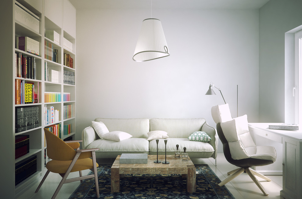 Idee per un ufficio minimalista di medie dimensioni con pareti bianche, pavimento con piastrelle in ceramica e scrivania autoportante