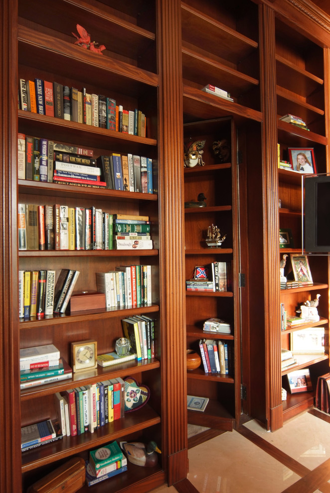 Inspiration for an expansive rustic study in Houston with brown walls, porcelain flooring, no fireplace, a freestanding desk and beige floors.