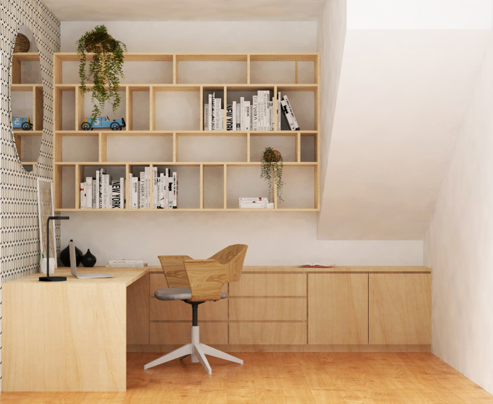 На фото: маленький кабинет в скандинавском стиле с белыми стенами, паркетным полом среднего тона, встроенным рабочим столом и коричневым полом для на участке и в саду