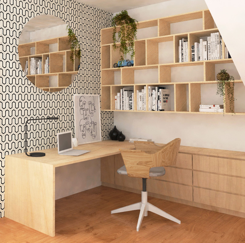 Пример оригинального дизайна: маленькое рабочее место в скандинавском стиле с белыми стенами, светлым паркетным полом, коричневым полом и встроенным рабочим столом для на участке и в саду
