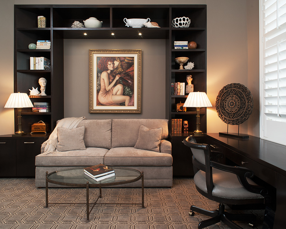 Medium sized traditional home office in Miami with grey walls, carpet and a freestanding desk.