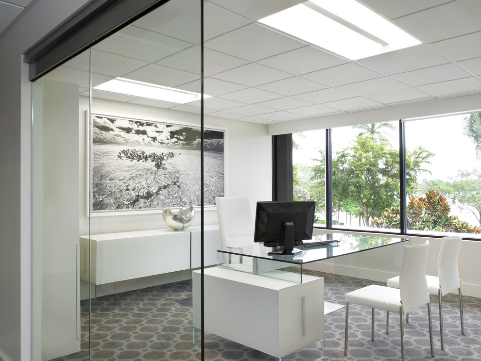 Cette photo montre un grand bureau moderne de type studio avec un mur blanc, moquette, un bureau indépendant et un sol multicolore.
