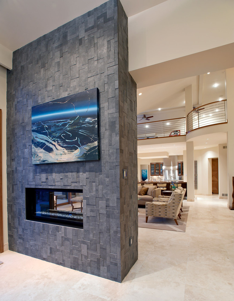 Large trendy built-in desk study room photo in Denver with white walls, a ribbon fireplace and a tile fireplace